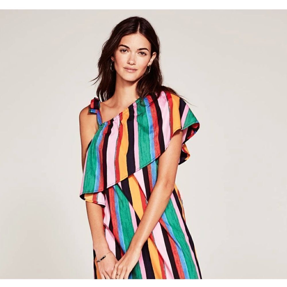 Who What Wear Striped Off The Shoulder Ruffle Dress